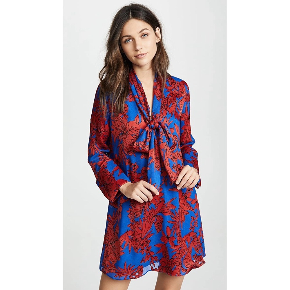 Alice + Olivia Gwenda Floral Tie Neck Tunic Mini Dress Blue Red Size M